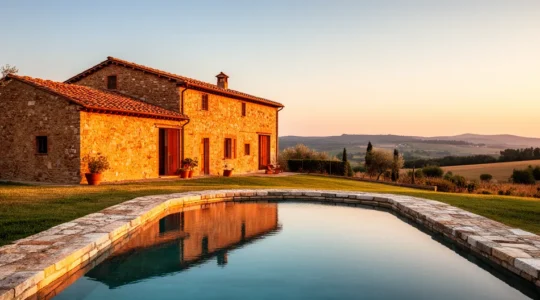 Vista panoramica di un casale toscano circondato da ulivi e vigne con piscina naturale