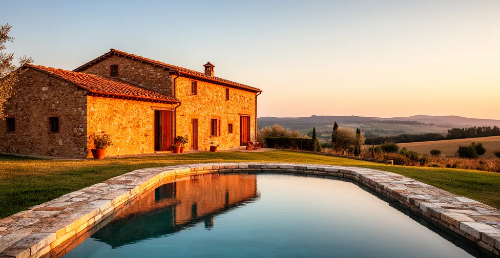 Vista panoramica di un casale toscano circondato da ulivi e vigne con piscina naturale