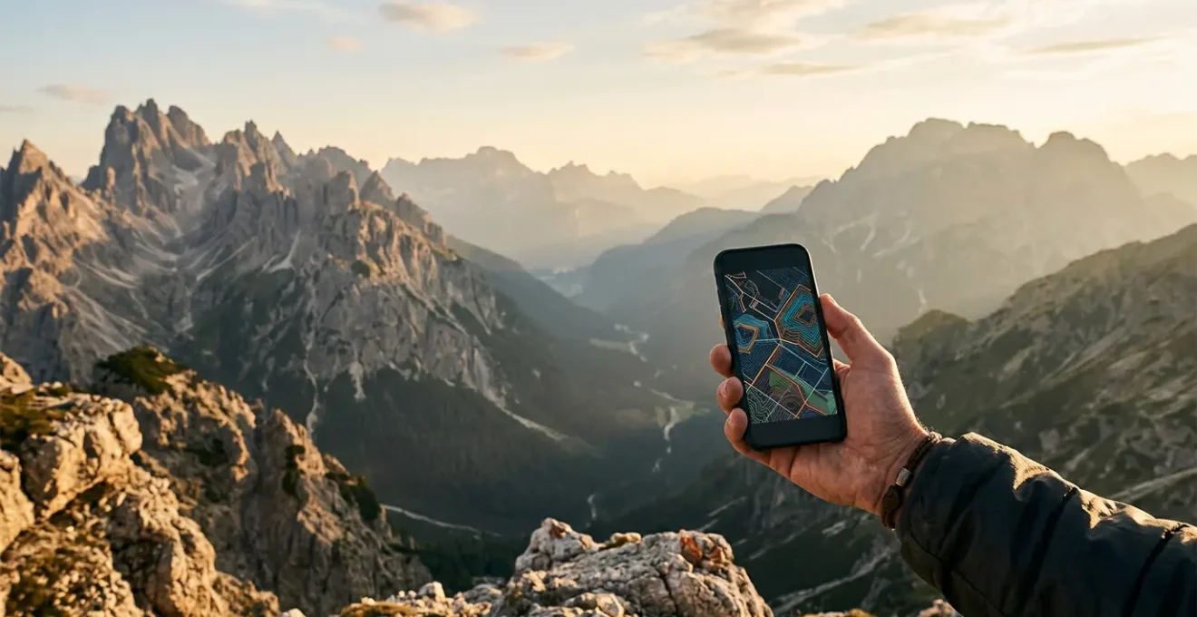 Smartphone in mano con app di viaggio aperte in mezzo alla natura selvaggia