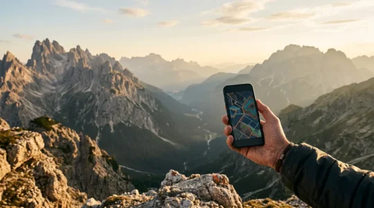 Smartphone in mano con app di viaggio aperte in mezzo alla natura selvaggia