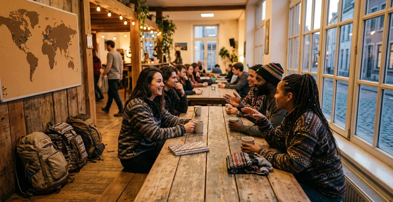 Viaggiatore con zaino in un ostello che socializza con altri backpacker in area comune