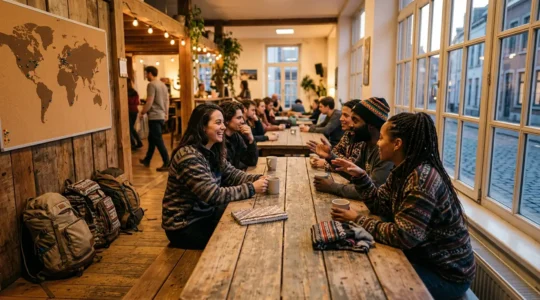 Viaggiatore con zaino in un ostello che socializza con altri backpacker in area comune