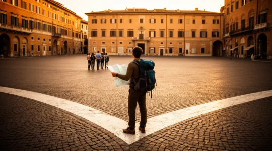 Turista al bivio tra guida turistica e mappa della città in piazza storica