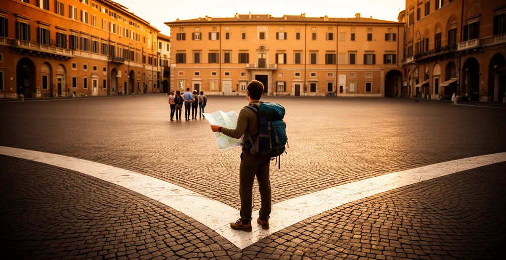 Turista al bivio tra guida turistica e mappa della città in piazza storica