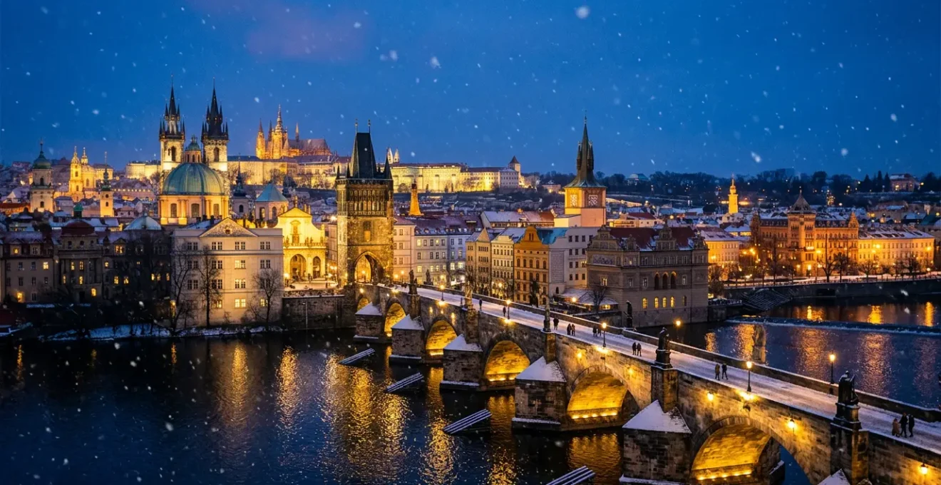 Panorama invernale di una capitale europea con architettura storica illuminata al crepuscolo