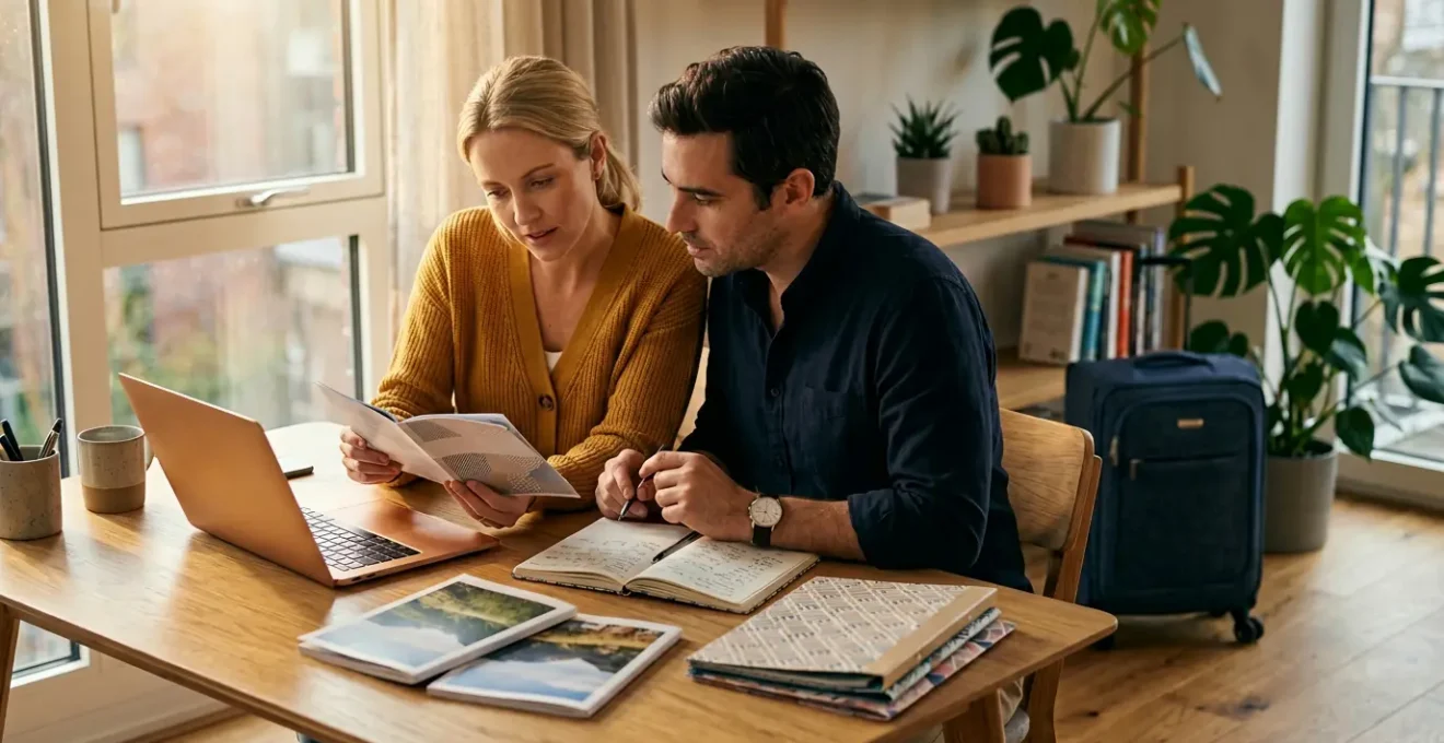 Famiglia che verifica documenti per affitto vacanza davanti al computer
