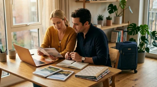 Famiglia che verifica documenti per affitto vacanza davanti al computer