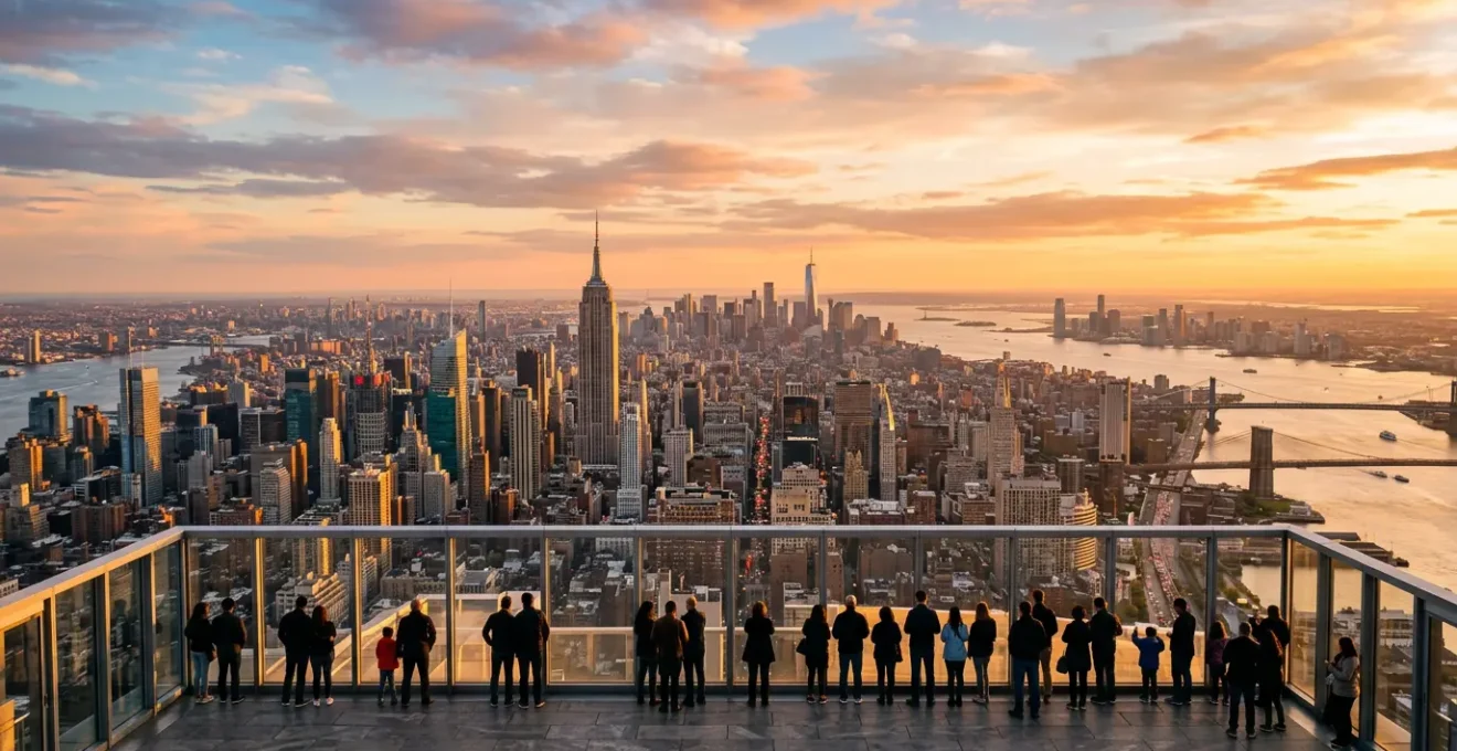 Vista panoramica del skyline di Manhattan con turisti che osservano la città da un osservatorio