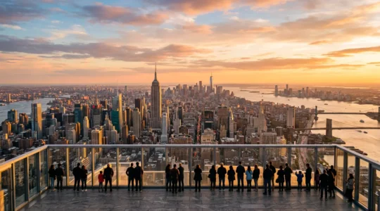Vista panoramica del skyline di Manhattan con turisti che osservano la città da un osservatorio