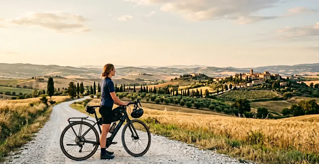 Ciclista con e-bike che ammira le dolci colline toscane al tramonto