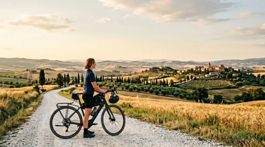 Ciclista con e-bike che ammira le dolci colline toscane al tramonto