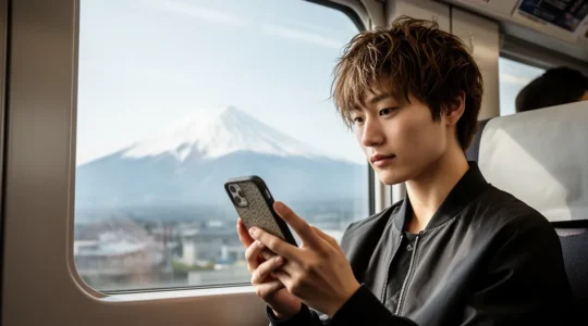 Turista che confronta smartphone con eSIM in un ambiente giapponese moderno