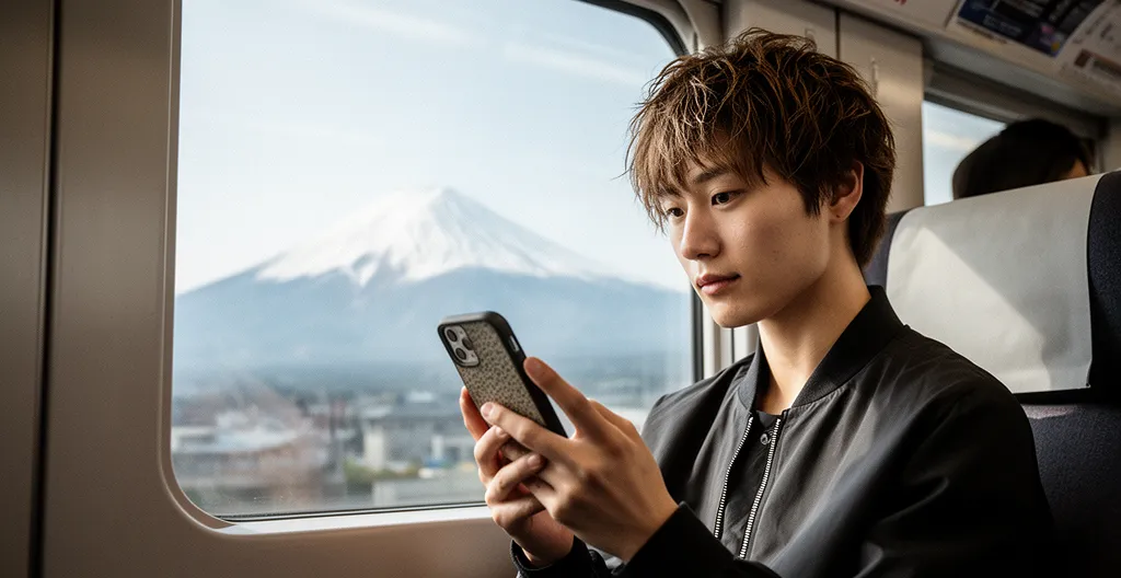 Turista che confronta smartphone con eSIM in un ambiente giapponese moderno