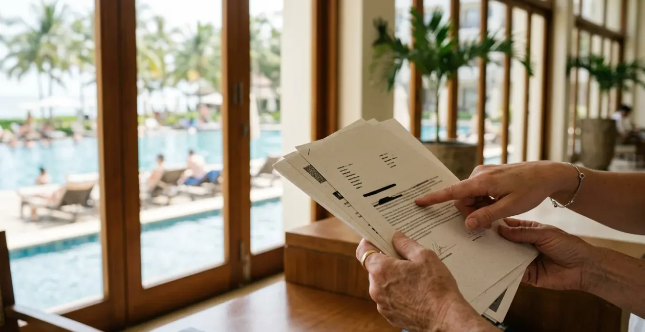 Turisti esaminano attentamente documenti contrattuali all'interno di un resort con vista piscina