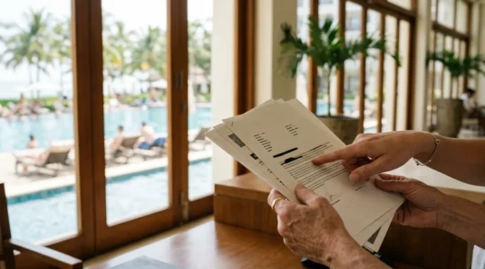 Turisti esaminano attentamente documenti contrattuali all'interno di un resort con vista piscina