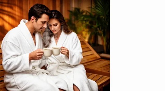 Coppia rilassata in zona relax spa con atmosfera intima e rispettosa