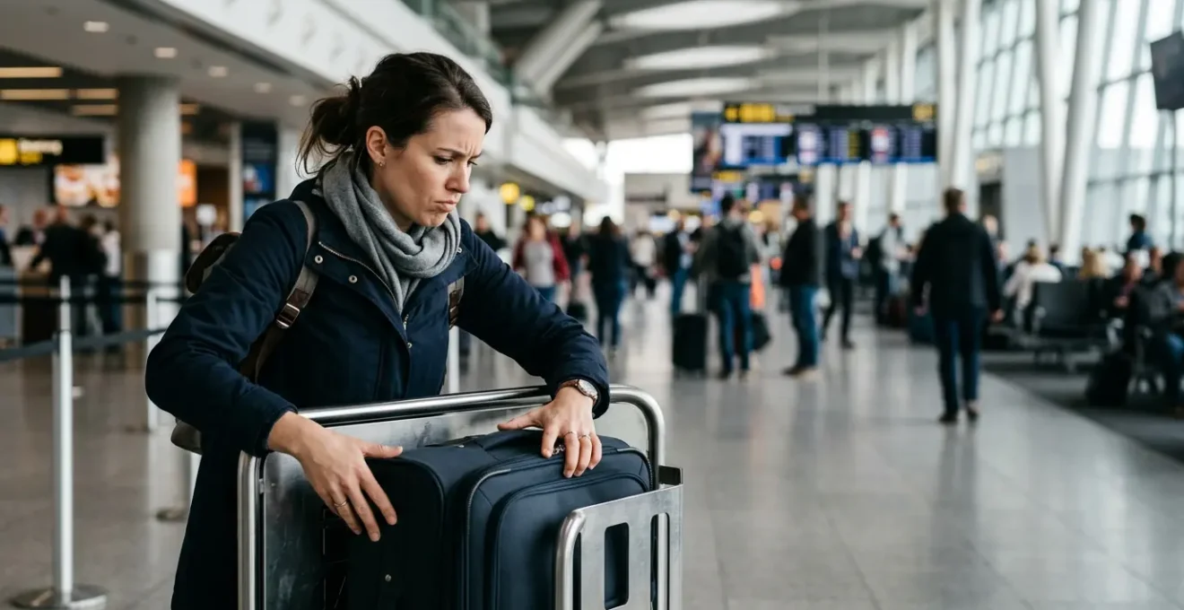 Passeggero perplesso davanti a un controllo bagagli in aeroporto con compagnie low cost