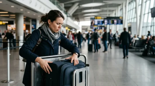 Passeggero perplesso davanti a un controllo bagagli in aeroporto con compagnie low cost