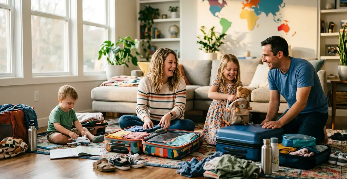 Famiglia con bambini piccoli che organizza i bagagli per le vacanze con valigie colorate e giocattoli