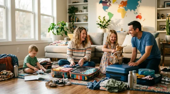 Famiglia con bambini piccoli che organizza i bagagli per le vacanze con valigie colorate e giocattoli