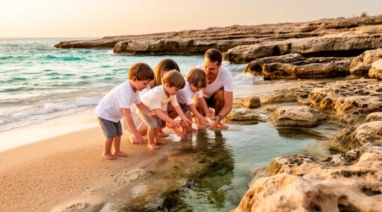 Famiglia con bambini piccoli che gioca sulla spiaggia tra sabbia e scogli
