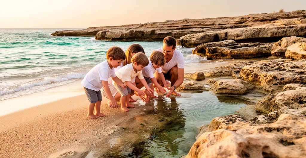 Famiglia con bambini piccoli che gioca sulla spiaggia tra sabbia e scogli