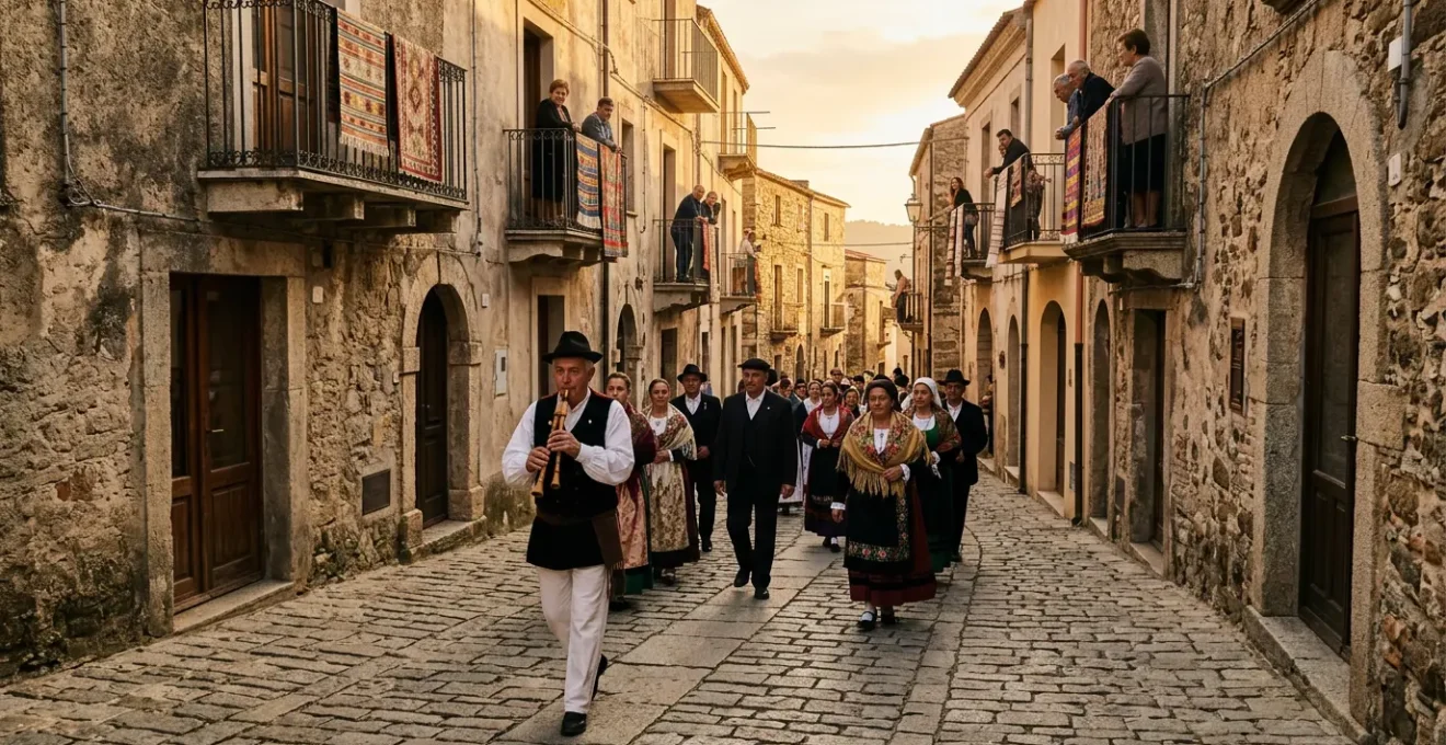 Partecipanti in abiti tradizionali sardi durante una festa folcloristica con launeddas e processione