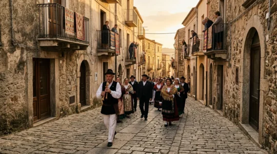Partecipanti in abiti tradizionali sardi durante una festa folcloristica con launeddas e processione