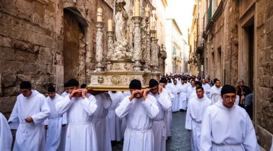 Processione durante una festa patronale del Sud Italia con fedeli e statue sacre