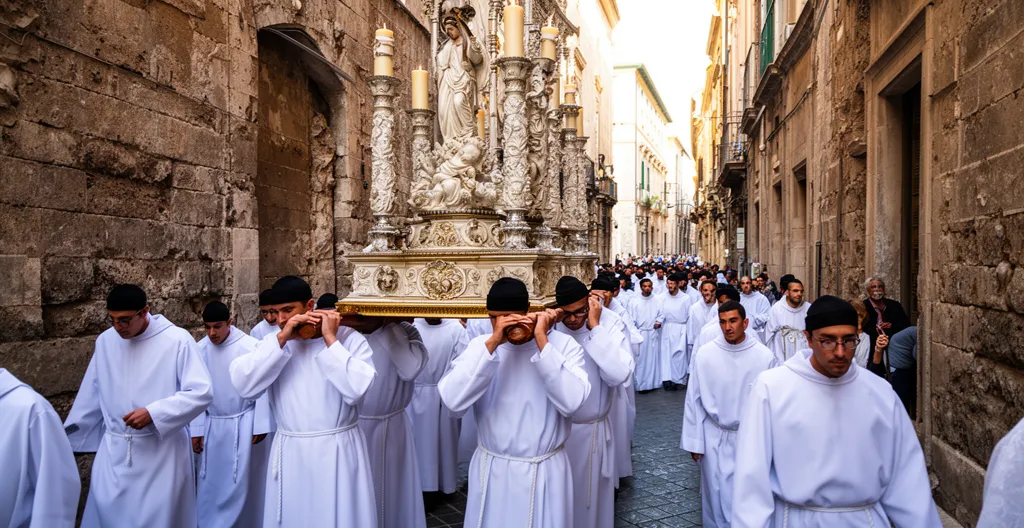 Processione durante una festa patronale del Sud Italia con fedeli e statue sacre