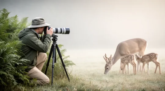 Fotografo naturalista con teleobiettivo osserva rispettosamente animali selvatici mantenendo distanza etica nel loro habitat naturale