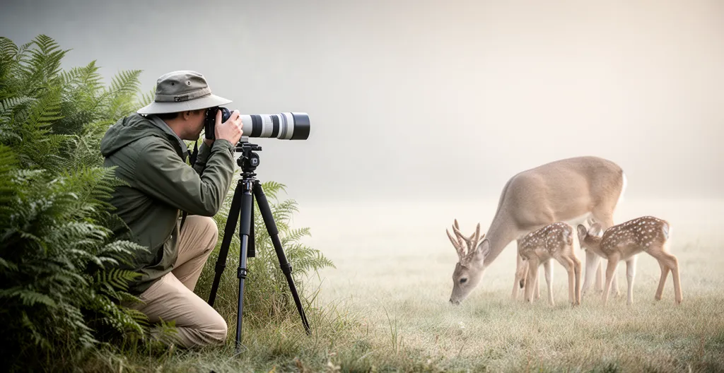 Fotografo naturalista con teleobiettivo osserva rispettosamente animali selvatici mantenendo distanza etica nel loro habitat naturale