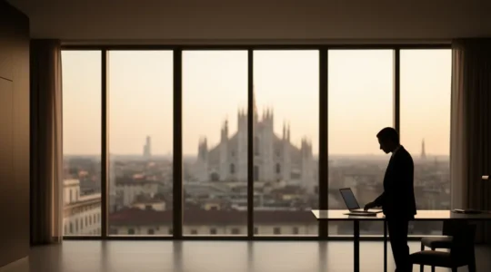 Manager professionale in hotel business a Milano con vista Duomo mentre lavora al laptop in suite silenziosa