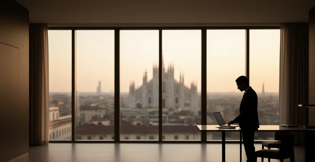 Manager professionale in hotel business a Milano con vista Duomo mentre lavora al laptop in suite silenziosa