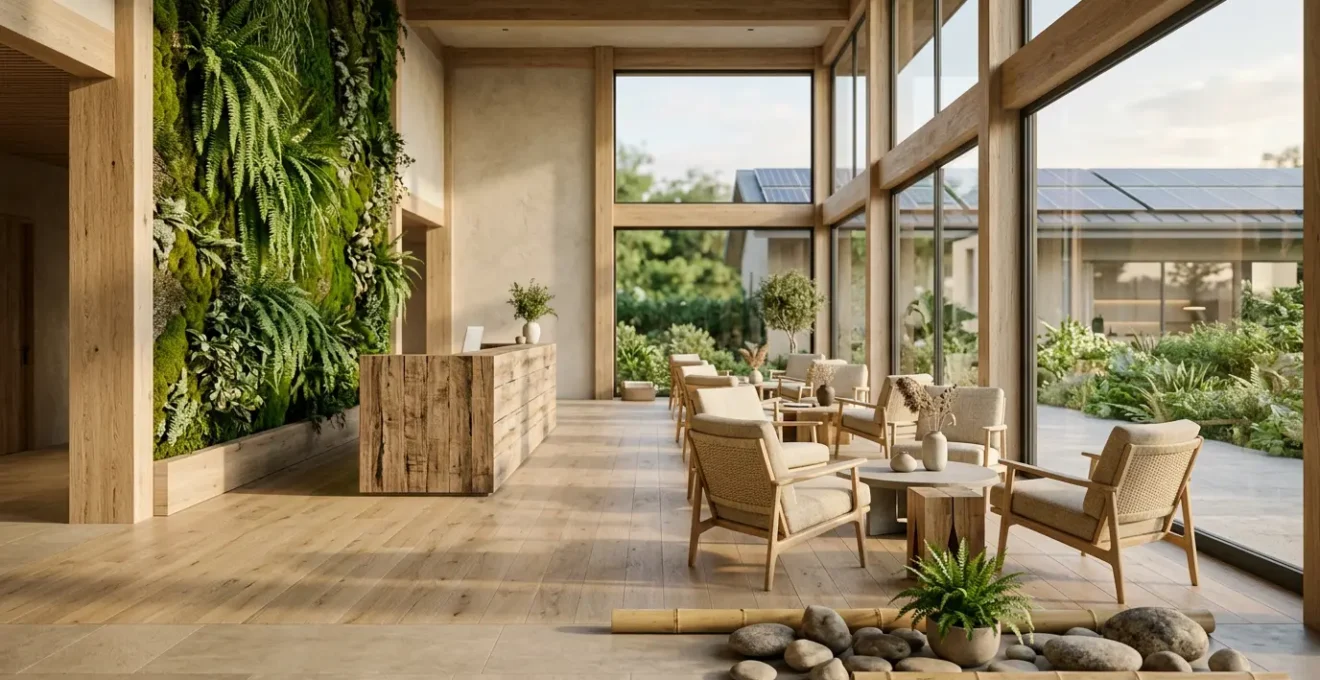 Lobby di hotel lussuoso con elementi naturali e certificazioni ecologiche visibili