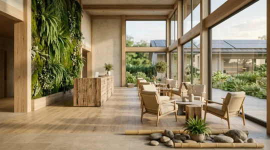 Lobby di hotel lussuoso con elementi naturali e certificazioni ecologiche visibili