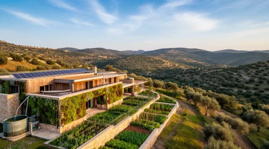 Vista panoramica di un hotel ecosostenibile immerso nella natura con pannelli solari e giardini verticali
