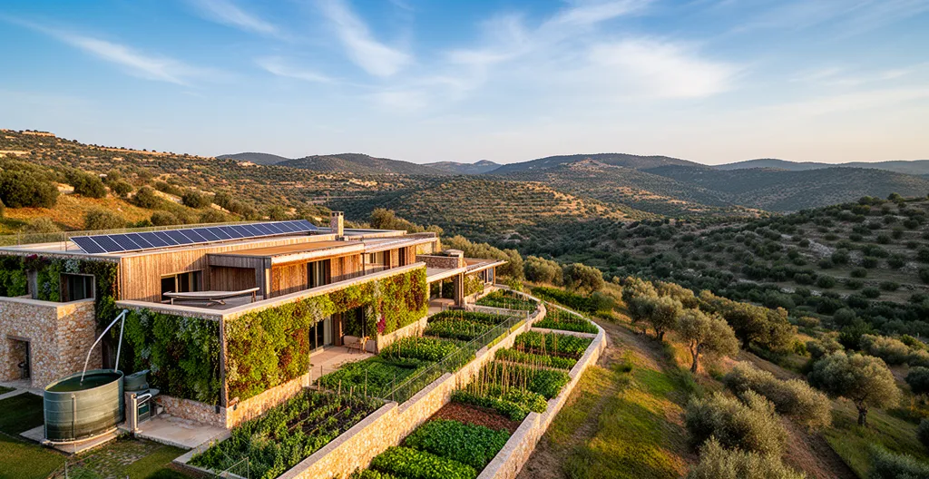 Vista panoramica di un hotel ecosostenibile immerso nella natura con pannelli solari e giardini verticali
