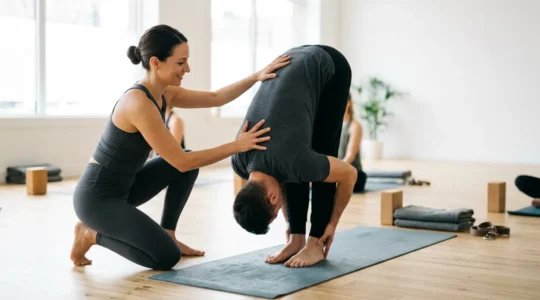 Insegnante di yoga che guida con attenzione un allievo in una posizione di piegamento in avanti