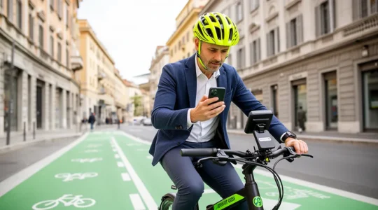 Persona con casco naviga sicura su e-bike in pista ciclabile urbana tra palazzi moderni