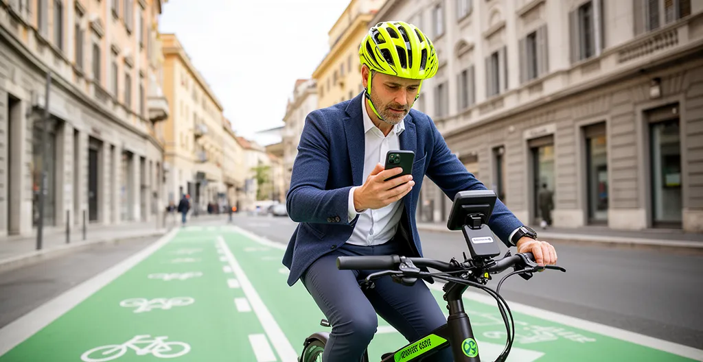 Persona con casco naviga sicura su e-bike in pista ciclabile urbana tra palazzi moderni