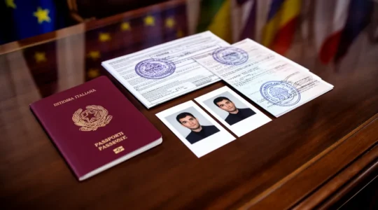Documenti di viaggio e passaporto italiano su un tavolo consolare con bandiere europee