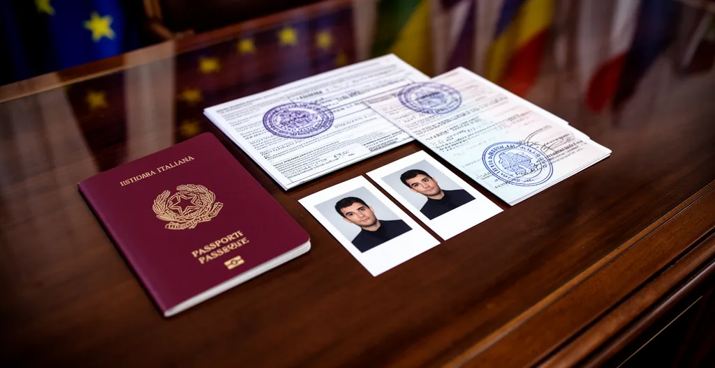 Documenti di viaggio e passaporto italiano su un tavolo consolare con bandiere europee