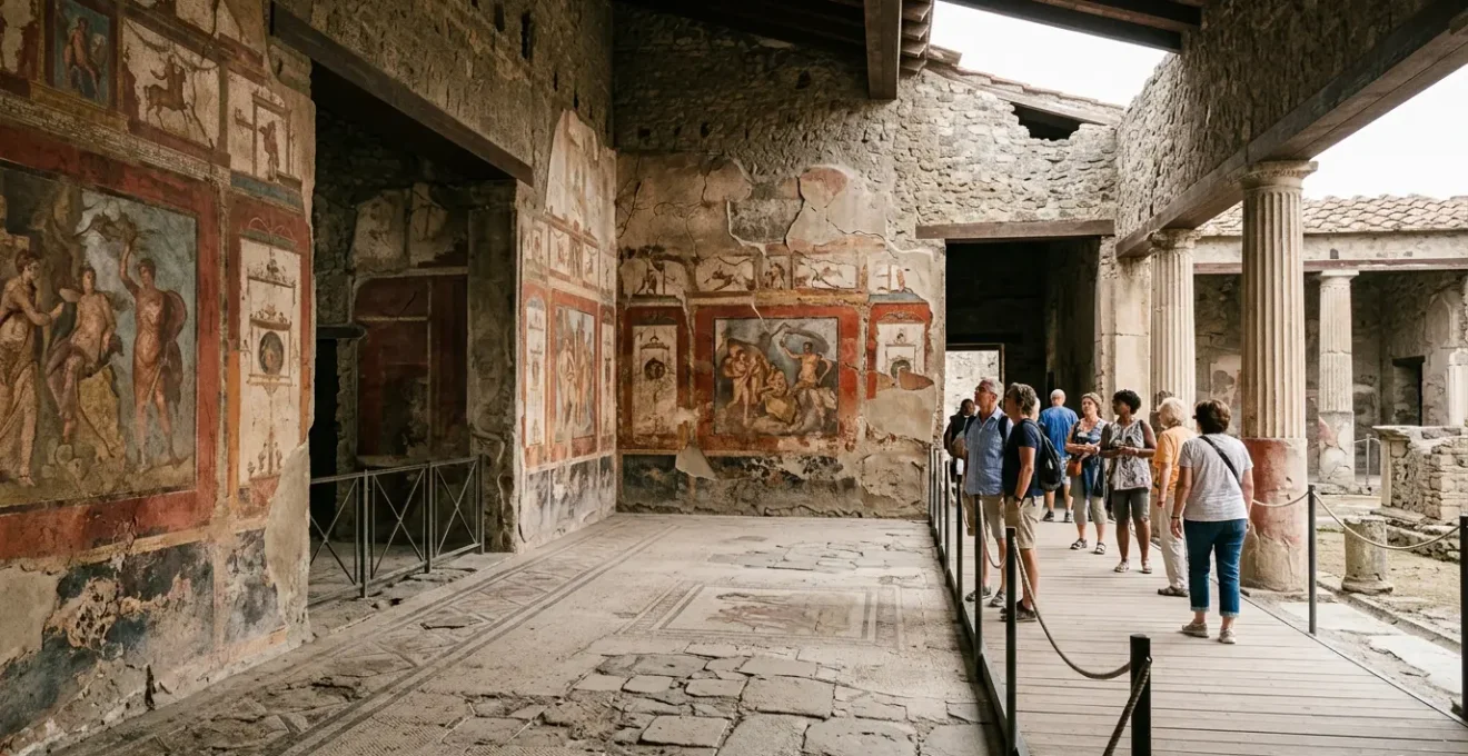 Vista panoramica degli affreschi pompeiani con turisti rispettosi a distanza