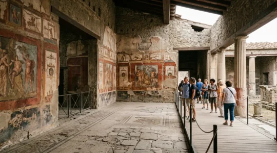 Vista panoramica degli affreschi pompeiani con turisti rispettosi a distanza