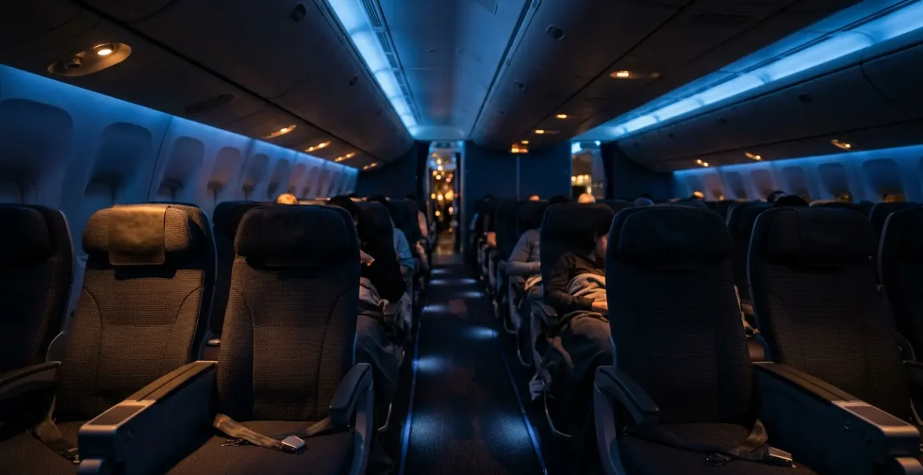 Passeggero che riposa comodamente in un sedile aereo premium durante un volo notturno