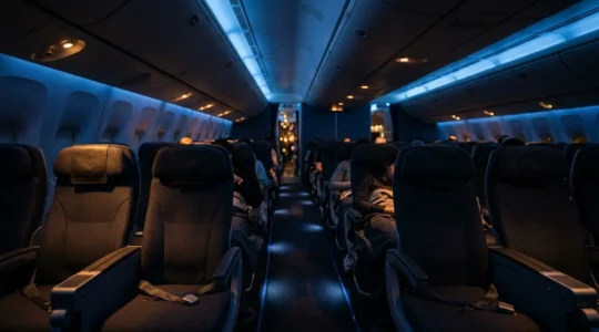 Passeggero che riposa comodamente in un sedile aereo premium durante un volo notturno