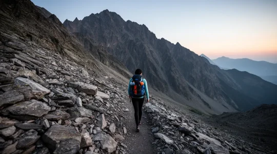 Escursionista in allenamento su terreno roccioso con vista panoramica delle montagne