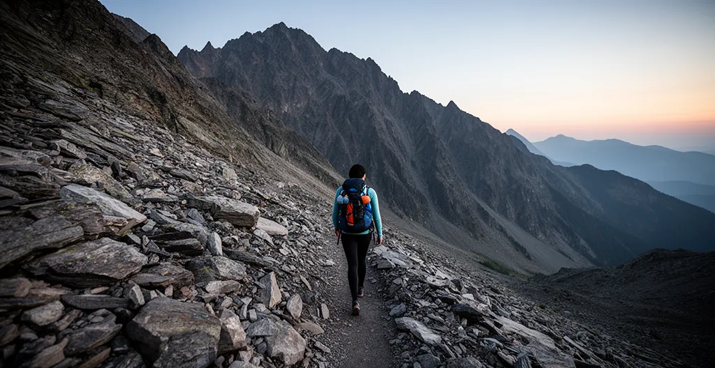 Escursionista in allenamento su terreno roccioso con vista panoramica delle montagne