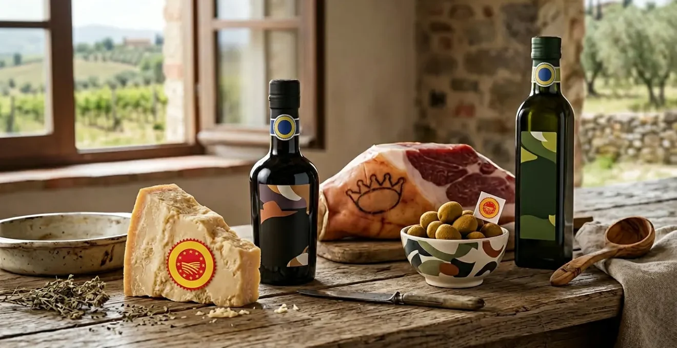 Dettaglio ravvicinato di etichette DOP e IGP con bollini dorati e rossi su prodotti italiani autentici